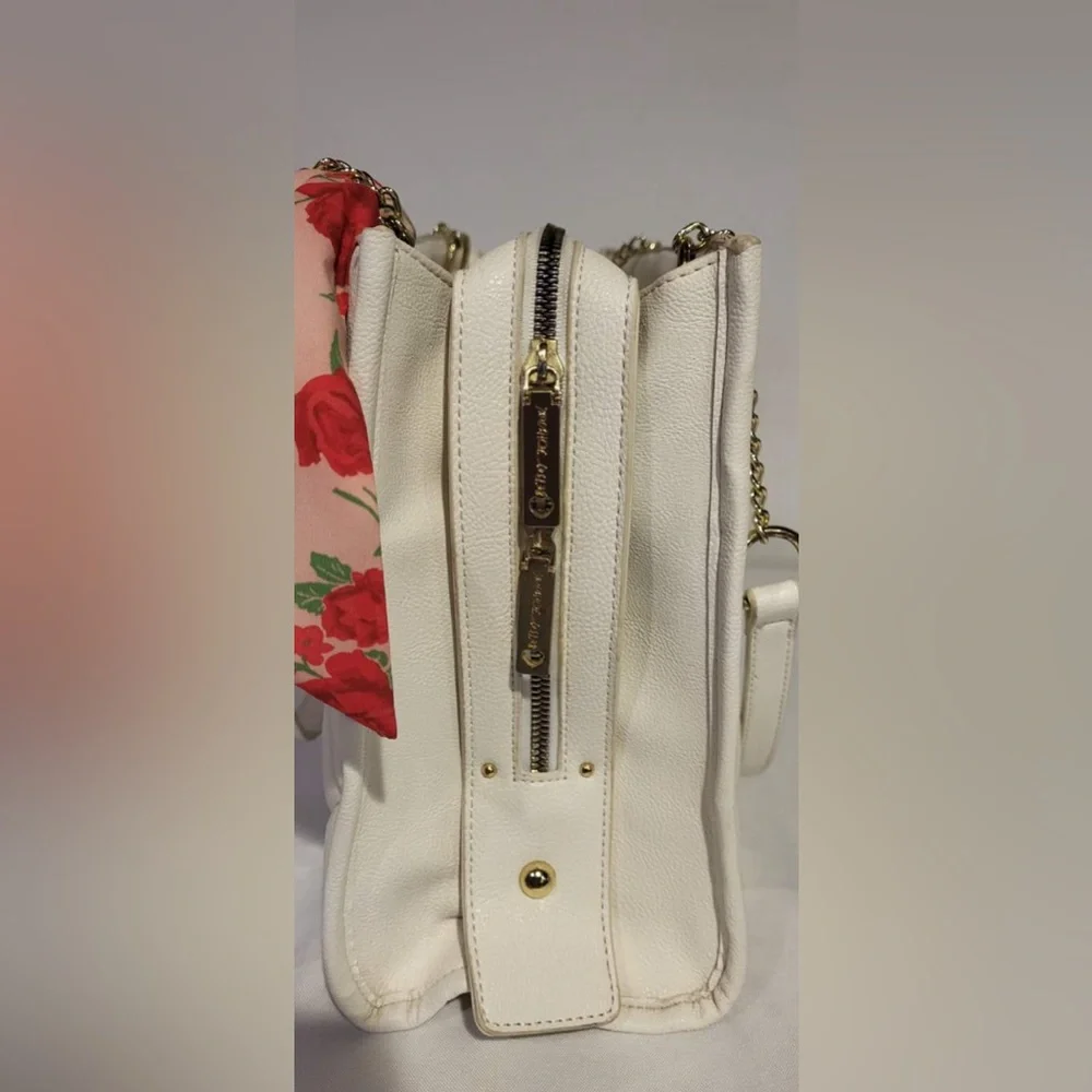 Betsey Johnson White Quilted Shoulder Bag with Pink Floral Scarf